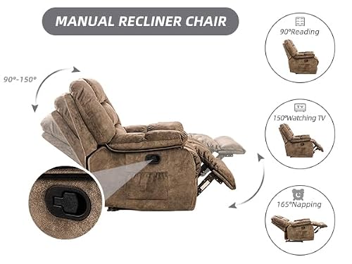 EBELLO Massage Recliner Chair with Vibration and Heat, Soft Fabric Overstuffed Massage Manual Reclining Sofa Chair for Living Room with Side Pocket, Brown