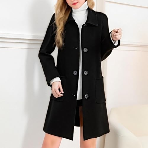 Womens Winter Overcoat Long Sleeve Lapel Neck Single Breasted Coats Elegant Mid-Length Solid Color Outwear with Pockets2
