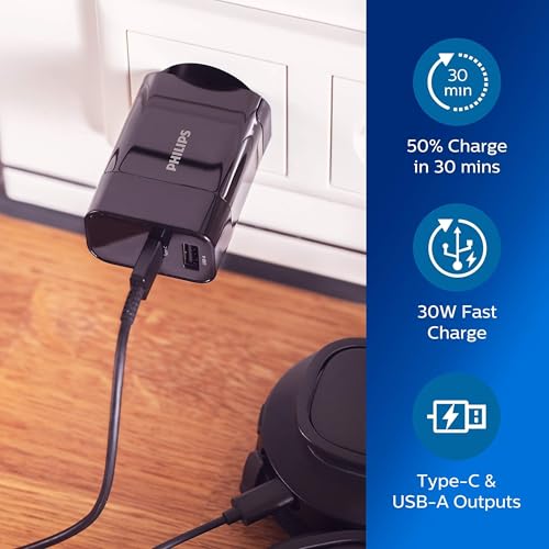 PHILIPS DLP2621/12 - Chargeur Mural USB - Sorties Type-C et USB-A - Charge Rapide 30 W - Noir