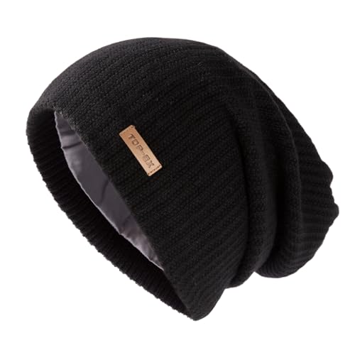 Oversize L/XL/XXL Merino Wool Satin Lined Slouchy Beanie Big Large Head Knit Hat (US Alpha Medium Large Black(Satin))