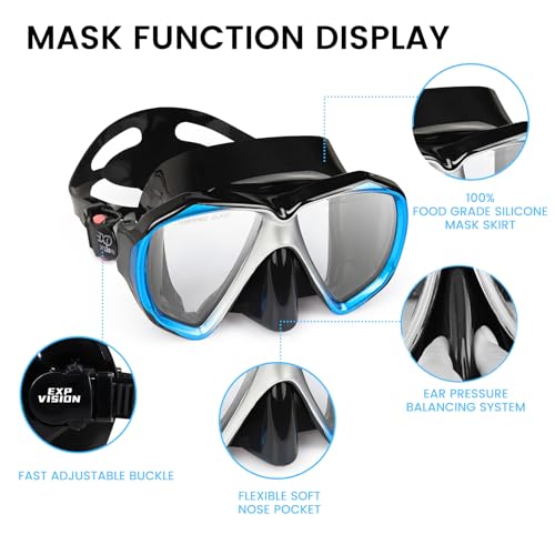 Image of Adult Snorkel Set, Professional Snorkeling Gear Panoramic Anti-Fog Diving Goggles and Dry Snorkel Tempered Glass Scuba Mask for Diving, Snorkeling and Swimming (Blue-Silver Set)