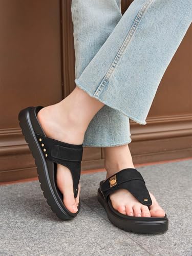 Coutgo Womens Platform Thong Sandals T-Strap Slip On Slides Summer Flats Beach Flip Flops, Black, Size 8 — view 3