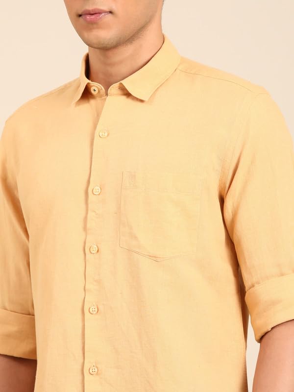 Image of Linen Club Men's Pure Linen Olive Solid Contemporary Fit Full Sleeve Casual Shirt