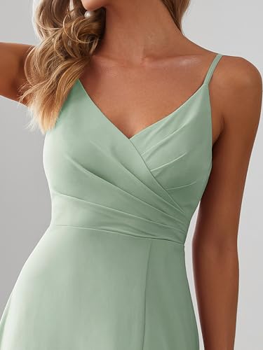 Image of Ever-Pretty Women's Summer Backless Spaghetti Straps Bridesmaid Dresses Chiffon V-Neck Slit Long Formal Wedding Guest Dress