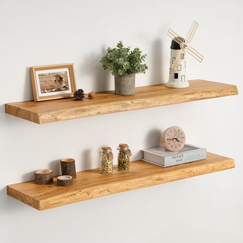 Image of 32 inch Live Edge Floating Shelves, Solid Elm Wood Shelf, Set of 2