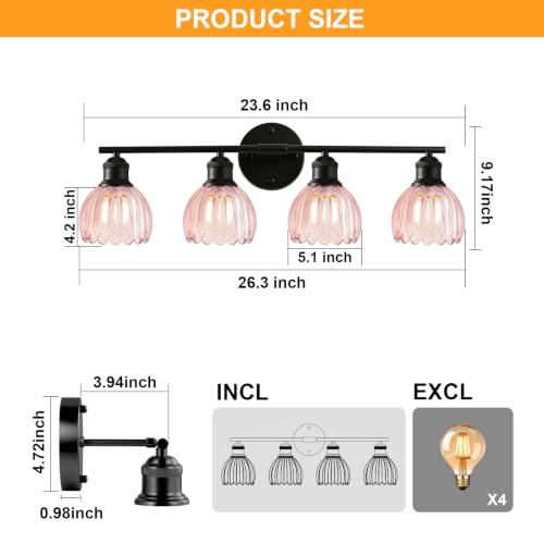 Image of Bathroom Light Fixtures, 4-Light Brushed Black Vanity Lights for Bathroom with Pink Tulip Glass Shade, 20 inch Vintage Bathroom Vanity Lighting Fixtures Over Mirror for Bedroom Living Room Hallway