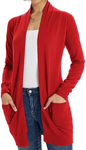 Womens Light Weight Long Sleeve Open Front Long Cardigan (3XL,Red)
