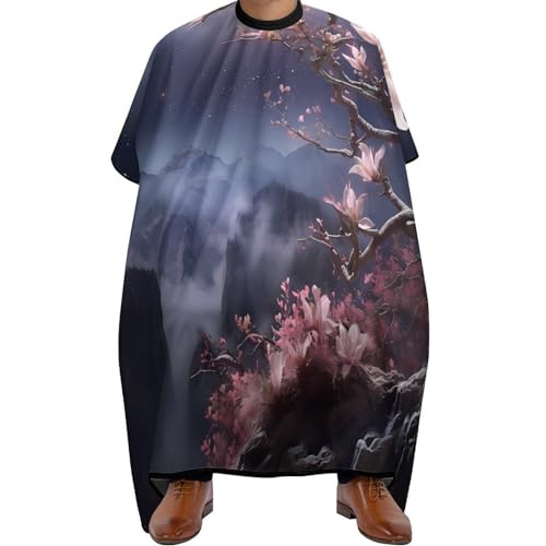 Black And White Full Moon with Magnolia Flower Hair Cutting Cape for Men Women Waterproof Barber Cape Adjustable Salon Haircut Capes