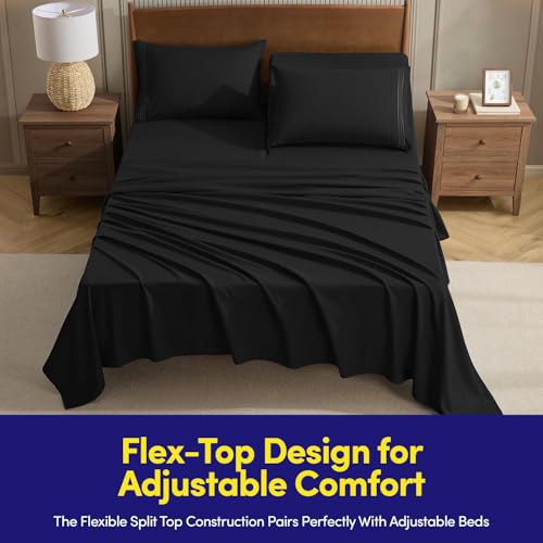 Image of Split Head King Sheets Set for Adjustable Beds 4 Piece Flex Top Bed Sheets - Deep Pocket Split Top Fitted Sheet with Built-in Corner Straps, Luxury Soft Cooling Bedding, Wrinkle Resistant, Black