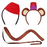 Arabian Prince Costume Monkey Costume Accessories Set Red Fez Felt Hat Headband Monkey Top Hat Headband with Tail for Halloween Dress Up Party Supplies