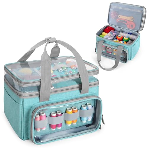 Image of LUXJA Double-Layer Sewing Storage Organizer with Transparent Compartment, Large Sewing Organizer Bag with Detachable Divider for Sewing Supplies (Bag Only), Blue