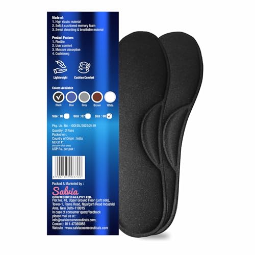 Image of Footvital Memory Foam Shoe Insoles for Men and Women | Soft Cushioned Inserts for Long Standing and Walking | Supports Heel and Arch | Shock Absorbing | Moisture Absorbing | Lightweight Washable Insoles for All Shoes | 1 Pair | Black | Size 8