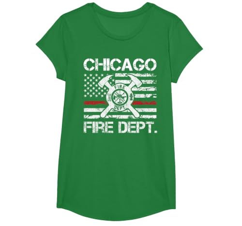 Chicago Illinois Fire Department Thin Red Line Fireman T-Shirt, Girls, Kelly Green, X-Small