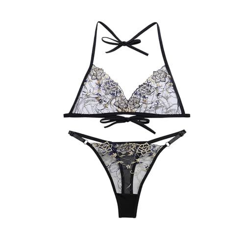 Image of SSoShHub Women Lingerie Set Lace Teddy Strap Babydoll Bodysuit Embroidery Bra and Panty Set