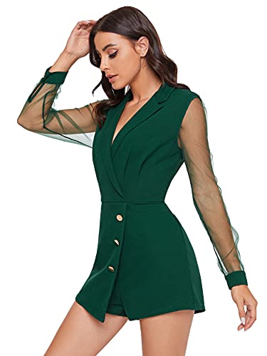 Shein Women's Notch Collar Mesh Sleeve Button Wrap Trim Jumpsuit Short Wide Leg Romper Dark Green Medium #TOP2