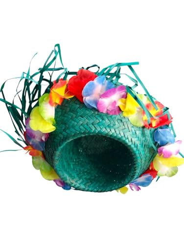 Image of BookMyCostume Green Goa Beach Hat for Women - Handmade Straw Sun Hat with Artificial Flower Decoration | Hawaiian Style Colorful Hat for Girls & Ladies | Vibrant Beach Party Accessory for Adults