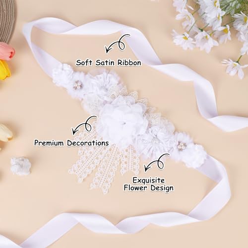 Image of White Lace Boho Baby Shower Maternity Sash - White Lace Flower Theme Baby Shower Belly Belt, Mom to Be Photo Props Party Decorations