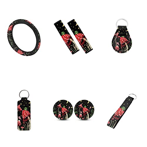 Fuibeng Frog Mushroom Car Seat Covers Full Set For Women，Butterfly Moon Stars Mushroom Coaster+Auto Steering Wheel Wrap+Seat Belt Cushion+Keychains+Lip Holder Sleeve Decor,Universal Fit #TOP3