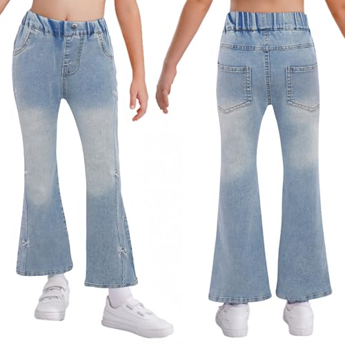 JEYPINMI Kids Girls High Waist Flared Bell Bottom Jeans Raw Hem Denim Pants Wide Leg Ripped Trousers