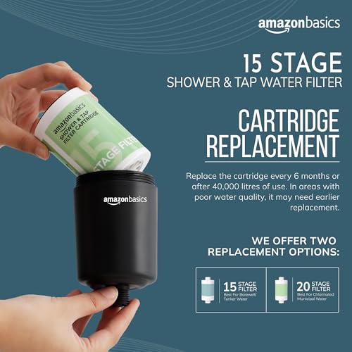 Image of Amazon Basics 15 Stage Shower /Tap Filter & Water Softener for Home (Black) | Reduces Hair Fall, Skin Dryness & Limescale| Hard Water Filter for Tap, Shower, Handshower| for Municipal /Chlorine Water
