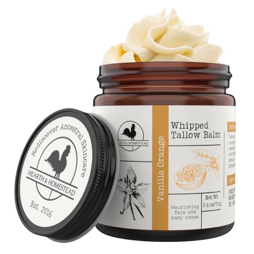 Image of Hearth & Homestead Whipped Beef Tallow for Skin & Face - 100% Grass Fed, Eczema Cream & Body Butter, Organic Olive Oil, Calendula & Rose, Lotion & Hand Moisturizer for Dry Skin, Vanilla Orange, 2.6oz