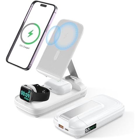 BezosMax i 5 in 1 Wireless Charging Station with 10000mAh Power Bank Digital Display, 20W Magnetic Fast Charger Station with Stand Compatible with iPhone 15/14/13/12 All Series & AirPods & iWatch Cover