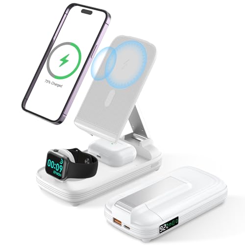 5 in 1 Wireless Charging Station with 10000mAh Power Bank Digital Display, 20W Magnetic Fast Charger Station with Stand Compatible with iPhone 16/15/14/13/12 All Series & AirPods & iWatch