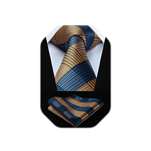 HISDERN Brown BlueTies for Men Wedding Khaki Navy Plaid Tie Pocket Square Set Tan Gingham Check Silk Neckties Handkerchief Formal Business Necktie