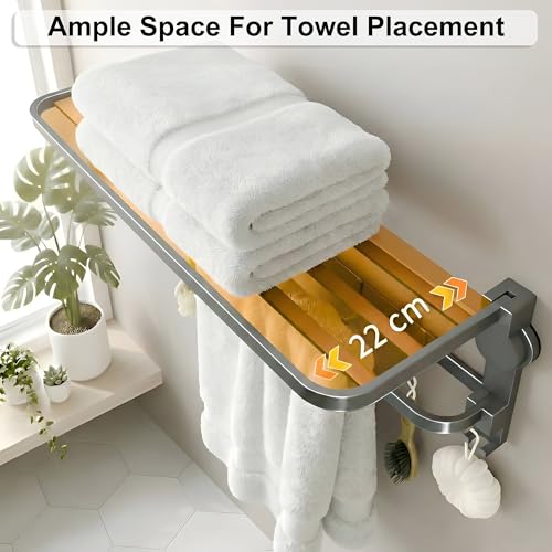 Image of Story@Home 24 Inches Premium Aluminium Finish Folding Towel Holder Rack for Bathroom, Rod with Hooks | Rack for Bathroom, Suction Towel Rack | Folding Towel Rack Floating No Drill Shelf - Grey