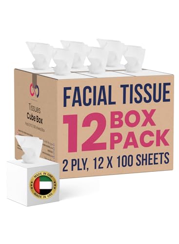 Brandsfinity Facial Tissue Cube Box Pack of 12 Total 1200 Sheets 2 Ply Tissues Premium Soft Feel Highly Absorbent Perfect Tissues for All Skin Types Home Office Car or Events bulk Tissue Pack