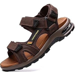 [Visionreast] メンズ スポーツサンダル エアクッション アウトドア サンダル 革 厚底 歩きやすい 牛革サンダル オフィス かかとあり ビーチサンダル ベルクロ 夏 職場 マジック式 24cm-28cm