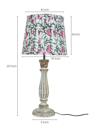 Image of Green Girgit Athens Wooden Lamp in Distress White Color with Pleeted Multiolor Pink Rose Shade, Vintage Style Table Lamp with Floral Print Shade, Decorative Bedroom Lighting (LED Bulb Included)