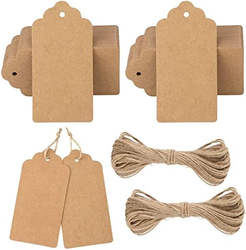 G2PLUS Kraft Paper Gift Tags - 100PCS Large Plain Gift Tags - 5x10CM White Blank Labels with String for Presents, 300g/m²