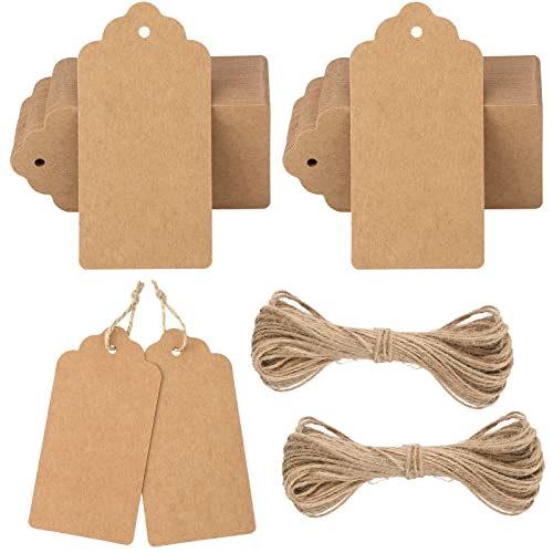 G2PLUS Kraft Paper Gift Tags - 100PCS Large Plain Gift Tags - 5x10CM Brown Blank Labels with String for Presents, 300g/m²