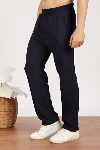 Image of Men's Regular Fit Textured Trousers with Elastic Waistband & Drawstring Closure - Casual & Smart Everyday Pants