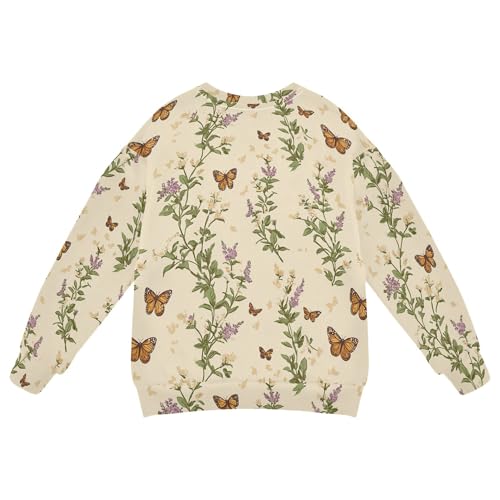 JUNZAN Retro Butterflies Herbs Beige Big Girls Sweatshirt Hoodie Crewneck Tops Clothing Shirts Sports 4T2