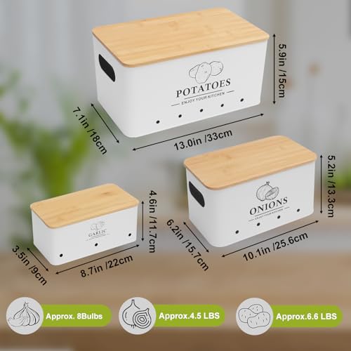 Dekosilave Kitchen Vegetable Storage Set of 3, Metal Onion Garlic Potato Storage Set, Kitchen Canisters Vegetable Keeper Containers with Aerating Holes and Wooden Lid (White) by Dekosilave - Image 5