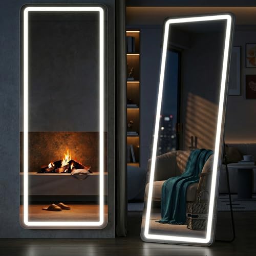 Image of Full Length Mirror with Lights, 71 inch x 26 inch LED Floor Mirrors, Full Body Dressing Standing Mirrors with Dimming & 3 Color Lighting, Hanging Mounted Mirror for Living Room Bedroom Cloakroom