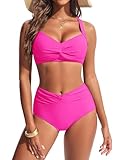 Hanna Nikole High Waisted Bikini Set,Sexy V Neck Push Up Swimming Custom,Bikini Sets for Women UK,Twist-Front Bikinis Top Swimsuits with Retro High Cut Bottom Hot Pink XL