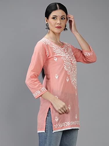 Image of Seva Chikan Hand Embroidered Lucknowi Chikankari Cotton Short Top Tunic for Women SCL9017