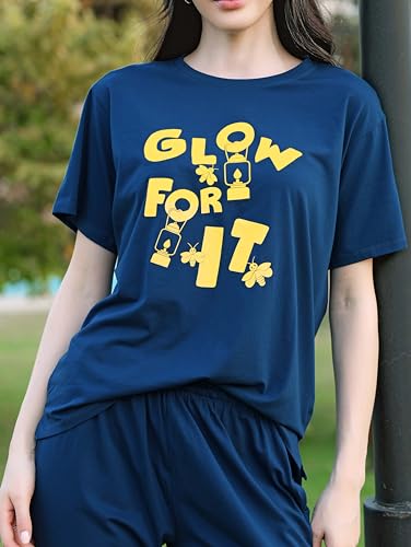 Image of ZEYO Night Suit for Women's Typography Printed Cotton Night Dress of Top and Wide Bottom Pyjama