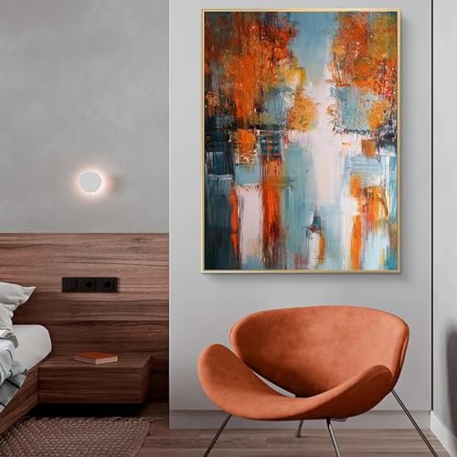 Tableau paysage orange bleu abstrait toile murale salon 80x110