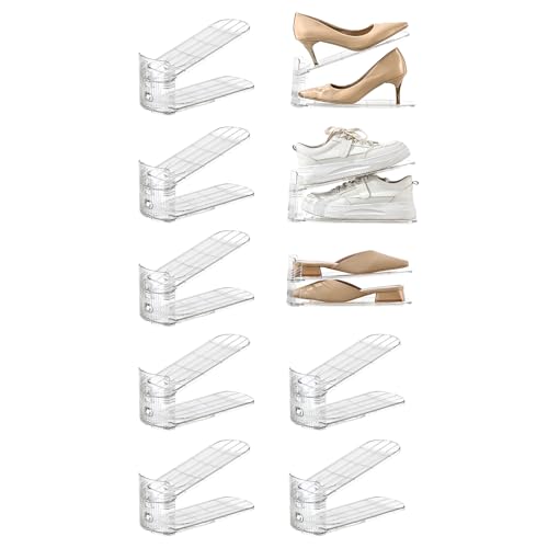 Uni HIMO shoe slots organizer, Clear Shoe Stacker, Adjustable Level Shoe Rack,Storage Space Saver for Sneakers Display (Transparent, 10Pack)
