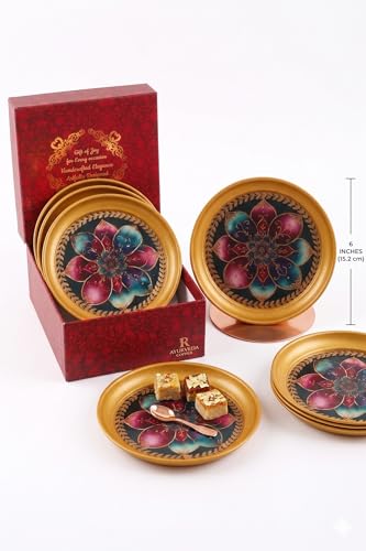Image of R Ayurveda Copper Metal Set of 4 Ornate Dessert Serving Plates - 6 Inch Decorative Enamel & Gold Foiled Finish Trays - Perfect for Indian Sweets, Macarons, Festivals & Family Parties