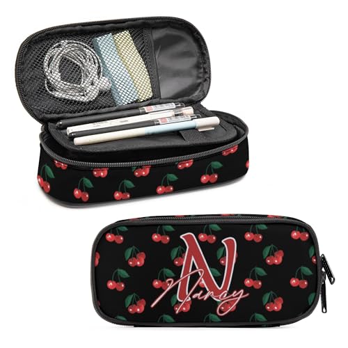 Image of Custom Cherry Pencil Case for Boy Girl Teens, Personalized Name Pencil Pouch, Big Capacity Black Pen Bag with Zipper, Organizer For Home Desk Office School