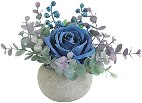 Rosscer Artificial Flowers Kit with Pot, Combination of Fake Silk Blue Roses and Greenery,Small Plant Potted Decor for Offices,Bookshelf,Bedroom, Living Room,Party,Wedding Decorations