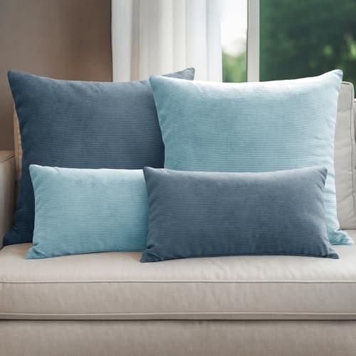 Selfitex 4er Set Cord Sofakissen 2X 30x50 + 2X 50x50, Couchkissen inkl. Füllkissen, samtiger Kissenbezug mit weicher Kissenfüllung, Flauschige...