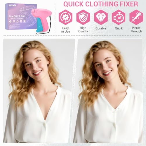Image of Stitch Gun for Clothes - Handheld Quick Clothing Fixer - Tagging Gun for Clothing, Sewing Kit - Includes 6 Fine Needles, 1000 White & 1000 Black Fasteners (Pink Blue)