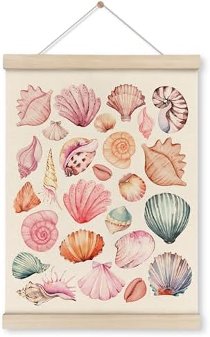HRQKO Pink Coastal Cowgirl Wall Art Poster Hanger Frame, Seashell Wall Decor, Preppy Wall Decor, Pink seashell Art with Wooden Frames,Seashell Wall Hanging Banner Decor for Teen Girls Room,12x16 Inch