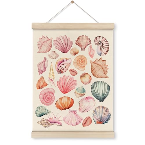 HRQKO Pink Coastal Cowgirl Wall Art Poster Hanger Frame, Seashell Wall Decor, Preppy Wall Decor, Pink seashell Art with Wooden Frames,Seashell Wall Hanging Banner Decor for Teen Girls Room,12x16 Inch